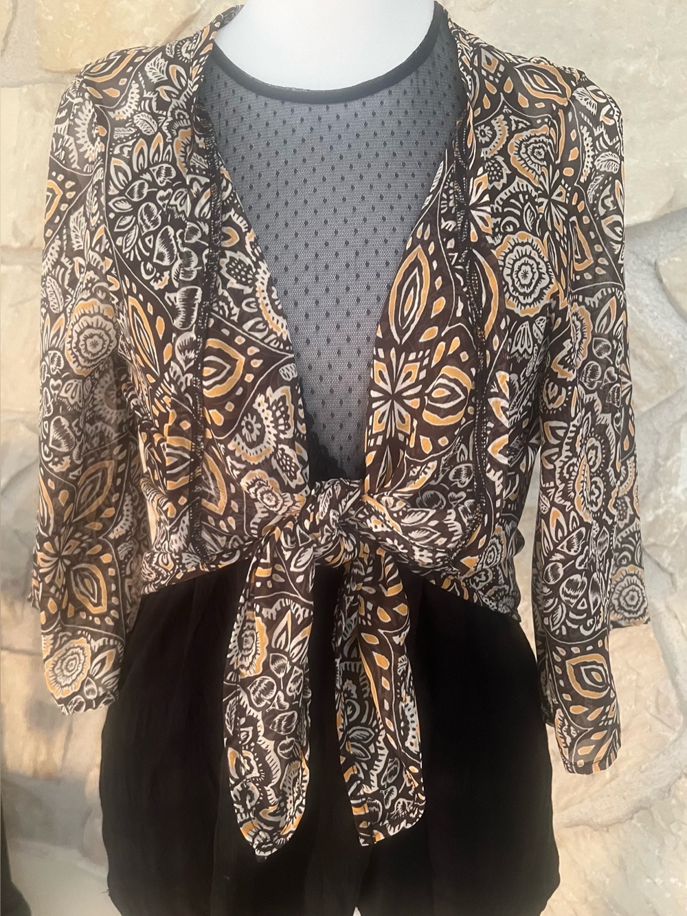 Women's Sheer Brown and Gold Tie Front Cardigan M